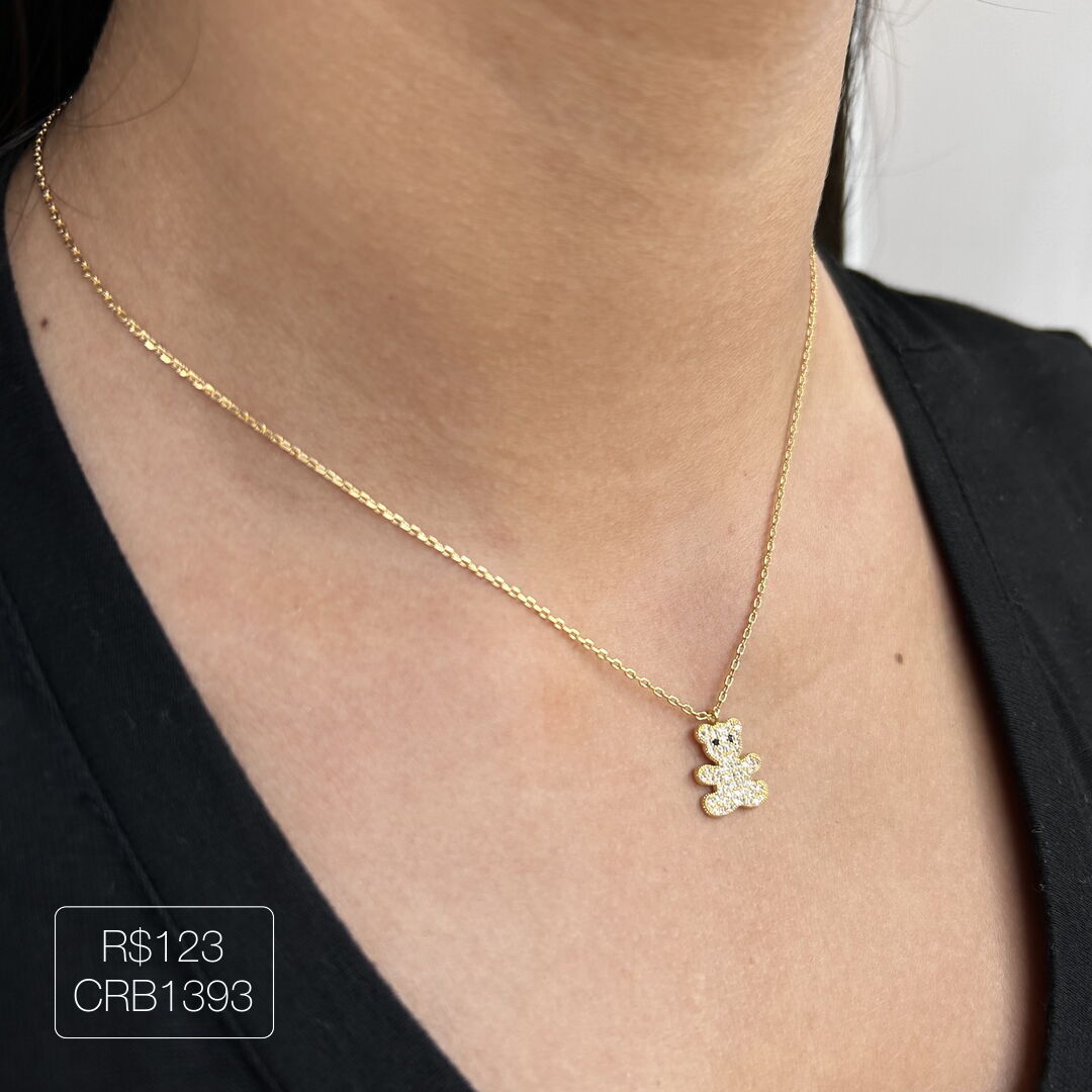 Colar de Ursinho Cravejado Cristal Dourado